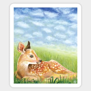 Baby Deer Fawn in Green Grass Illustration Sticker